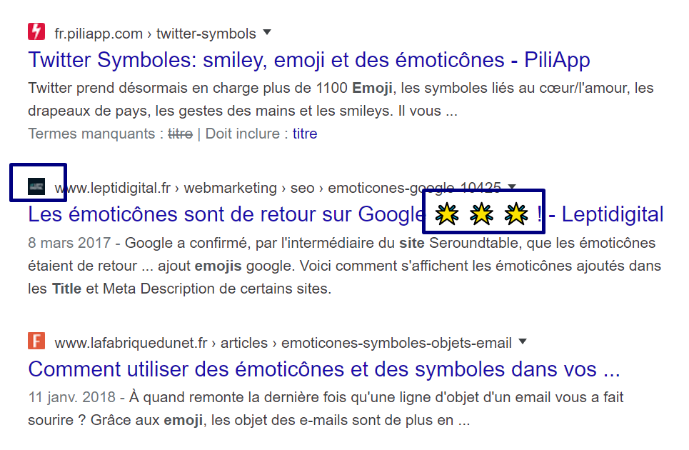 emoji vs favicon dans les serp google